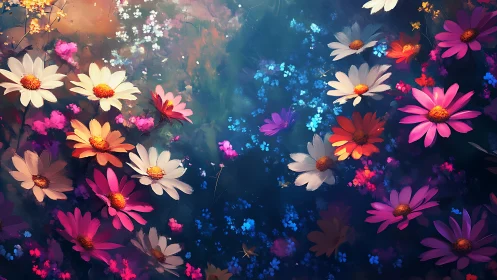 Chromatic Daisy Symphony Blooms Across Twilight's Velvet Canvas