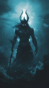 Shadowy sea warlord strides through glowing midnight waters