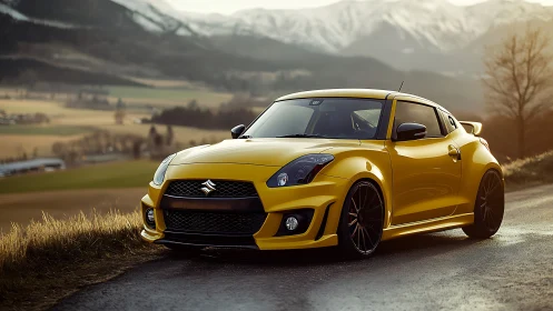 Sunlit yellow sports coupe prowls against alpine horizons.
