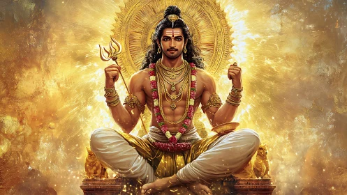 Golden storm crowns the serene meditating deity