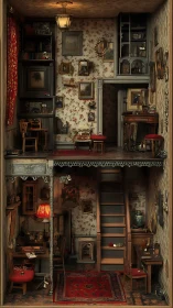 Vertical cutaway of detailed two-level vintage interior.