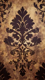 Vintage damask pattern on aged textured brown background.