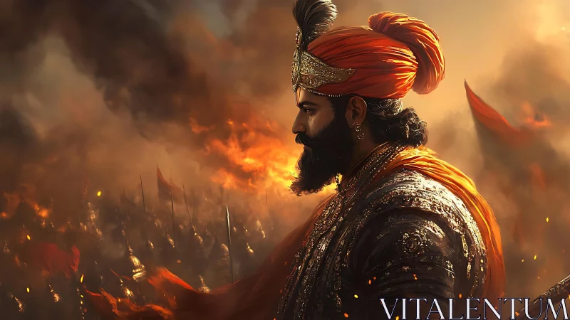 Ember-crowned warrior king strides through storm of spears.