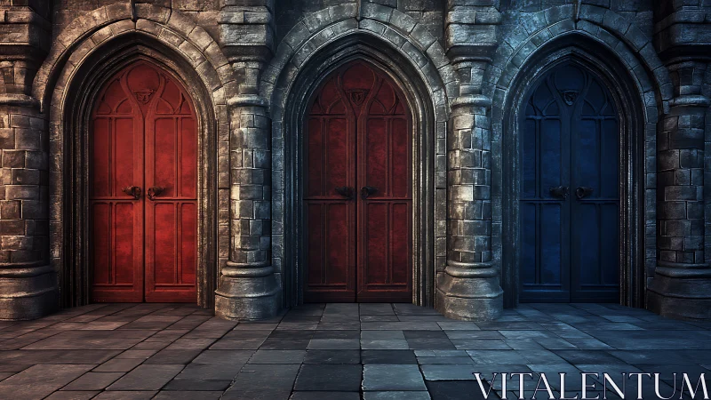 Mystical stone hallway with three boldly colored doors.