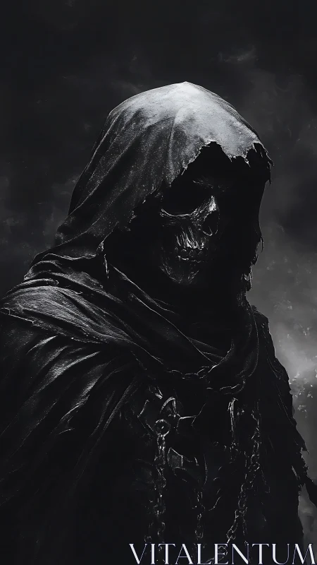 Hooded skeletal figure in tattered cloak against dark sky.