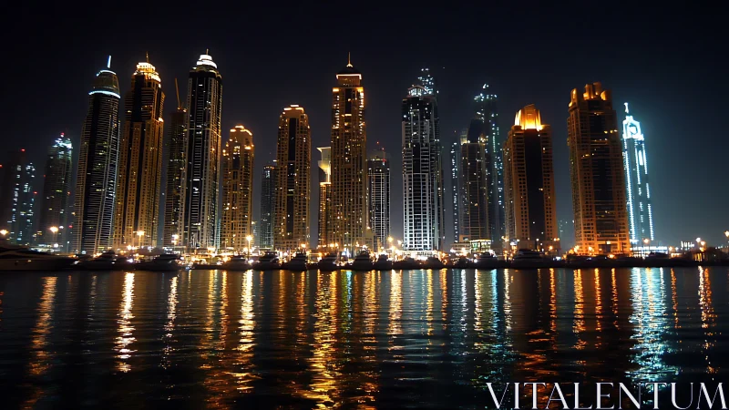 Marina skyline at night with specular high-rise reflections.