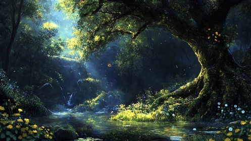 Enchanted Forest Stream with Bioluminescent Canopy