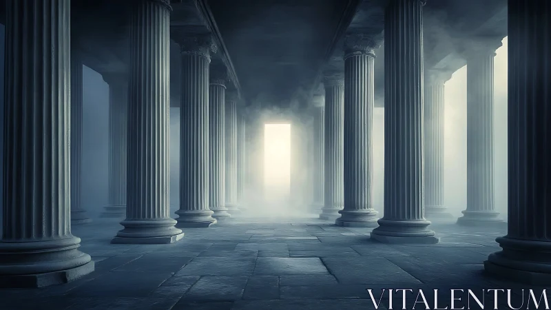 Misty colonnade hallway with distant glowing doorway.