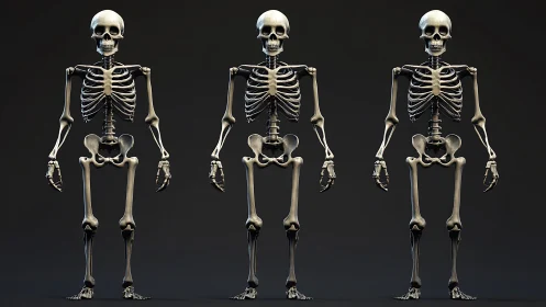 Triptych of anatomically detailed standing human skeleton renders