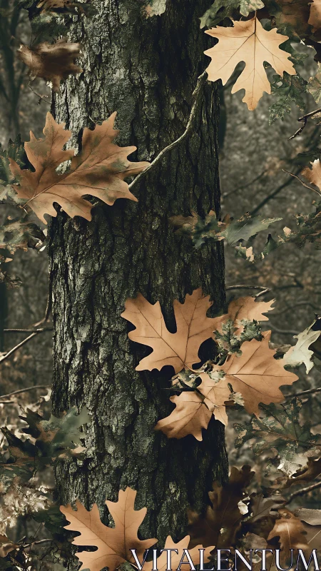 Oak trunk framed by dry autumn leaves in muted forest light