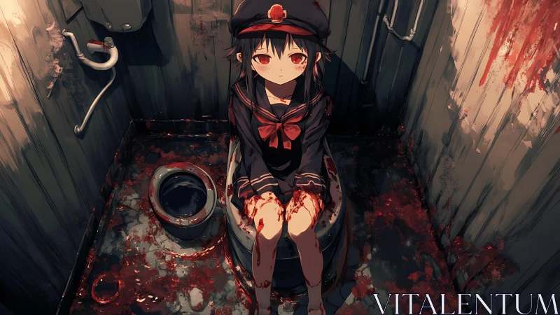 Bloodstained sailor girl waits calmly in a ruined stall