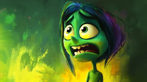 Green cartoon character is depicted with exaggerated alarmed expression