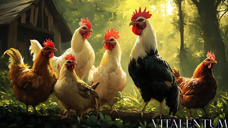 Forest Roosters in Golden Woodland Setting.