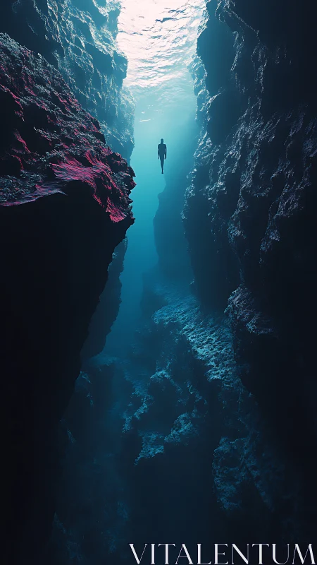 Solitary diver suspended in deep underwater canyon void
