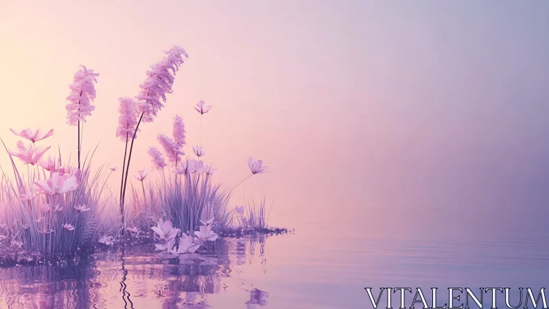 Soft pastel reeds by a mirror-still dreamy lakeshore.