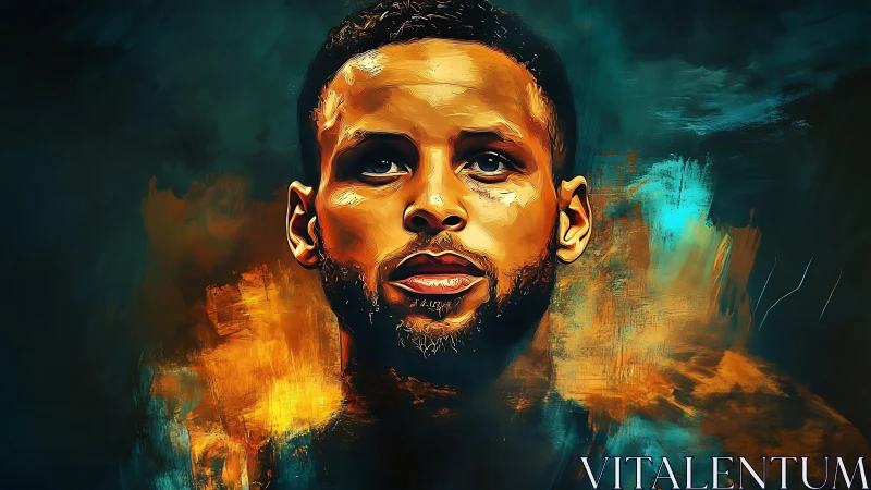 Intense male portrait in vivid teal and amber brushwork.