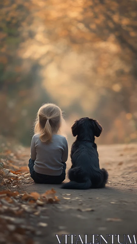 Girl and black dog seated together on autumn path.