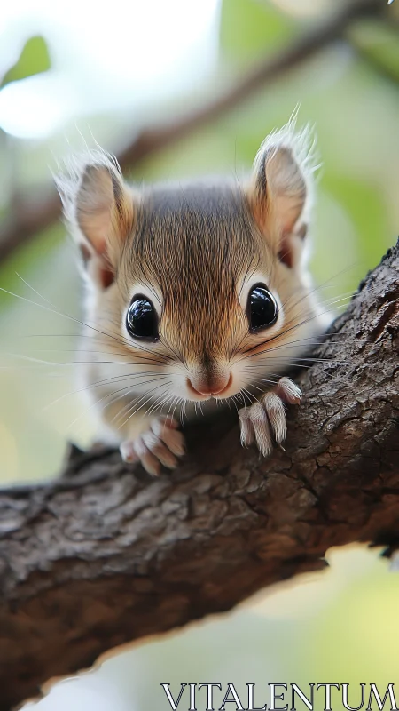 Small rodent on tree branch with large reflective eyes.