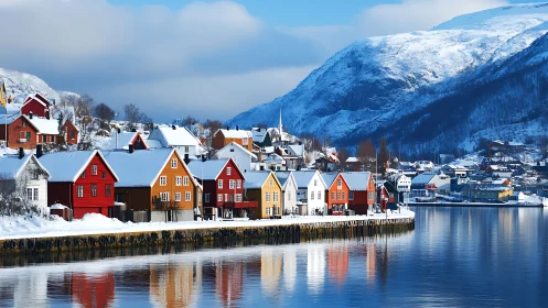 Colorful Nordic harbor houses reflect on calm winter fjord