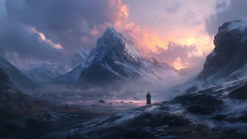 Solitary figure before snowcapped mountain at sunset.