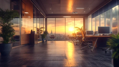 Sunlit corporate workspace overlooks a glowing urban skyline
