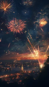 Fireworks glowing over a sparkling riverside city night.