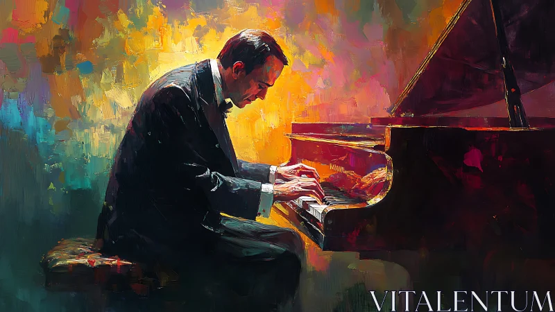 Pianist lost in glowing colors and heartfelt evening music.