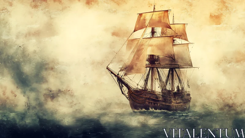 Tall wooden sailing ship moves through misty open water