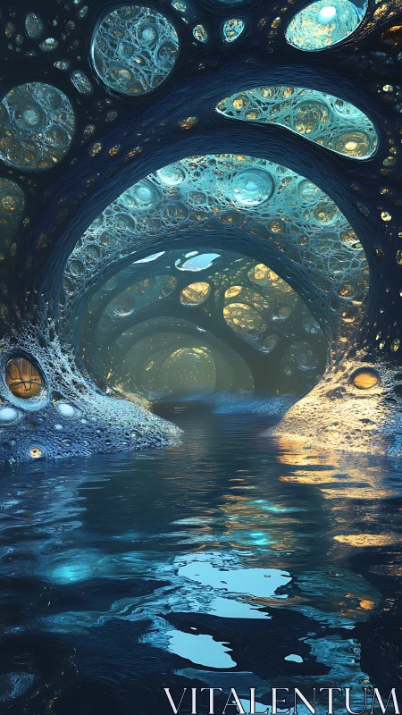 Fractal water caverns glow with bioluminescent light.