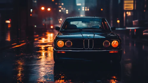 Vintage BMW coupe on wet neon city street at night, frontal