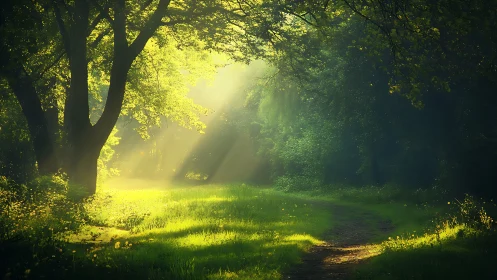 Sunlit Forest Path with Lush Greenery in Peaceful Morning Light.