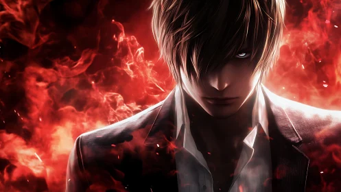 Brooding antihero in blazing red inferno backdrop.