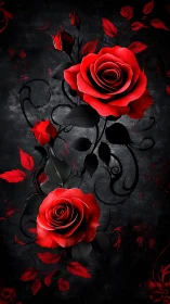 Crimson Blooms Dance: Digital Roses Against Shadowy Vines