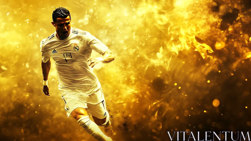 Dynamic footballer sprint in golden particle explosion digital.