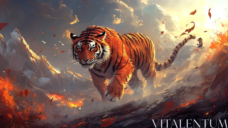 Firestride tiger surges through storm-lit volcanic wilds.