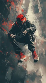 Urban streetwear figure in midair amidst abstract cityscape