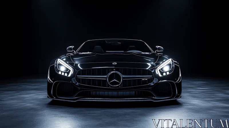 Photorealistic frontal study of black performance coup&eacute; lighting.