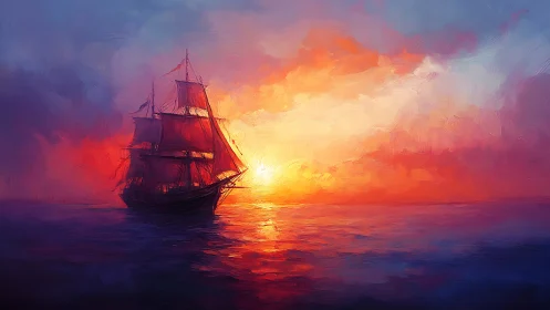 Chromatic clipper silhouette against luminant maritime sunset.