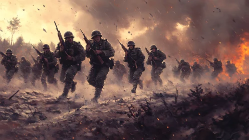 Infantry squad advances through artillery smoke under dynamic firelight