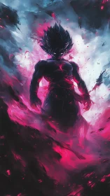 Dark anime warrior in red and black energy storm.