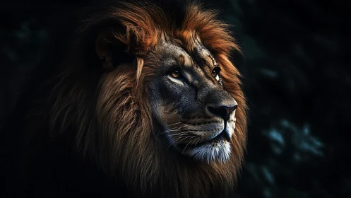 Majestic lion portrait glows against deep shadowed backdrop.