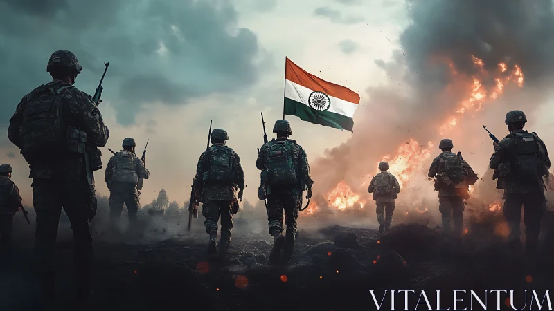Indian soldiers stride through firelit battlefield resolve.