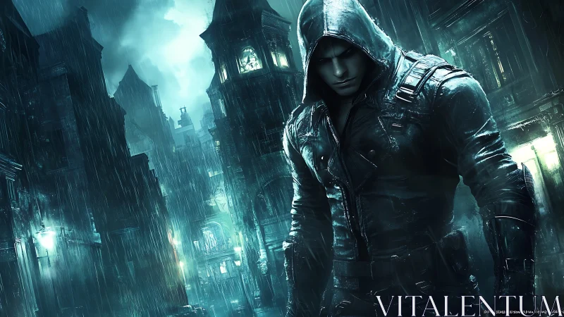 Hooded vigilante stalks neon rain in storm-drowned alleys.