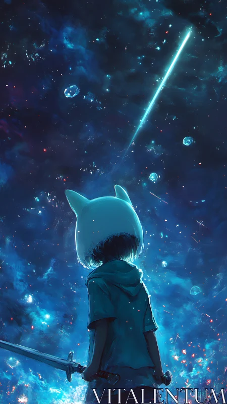 Anime astral swordsman under luminous cosmic meteor trail.