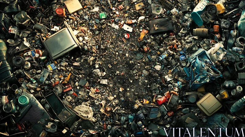 Photorealistic landfill top-view with radial debris composition.