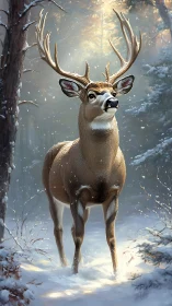 Majestic stag pauses in a sunlit, snow-dusted winter forest