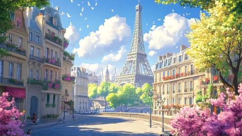 Sunlit Paris street with Eiffel Tower and spring blossoms.