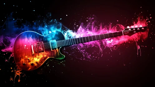 Digital neon guitar with chromatic energy burst composition.