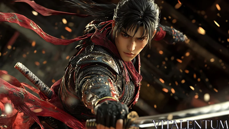 Focused warrior in ornate armor drawing twin swords in battle.