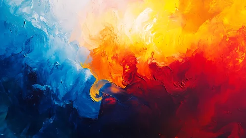Abstract digital painting shows blue and red clouds merging